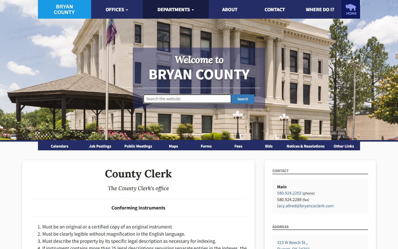 Bryan County conforming-instrument rules for County Clerk recording