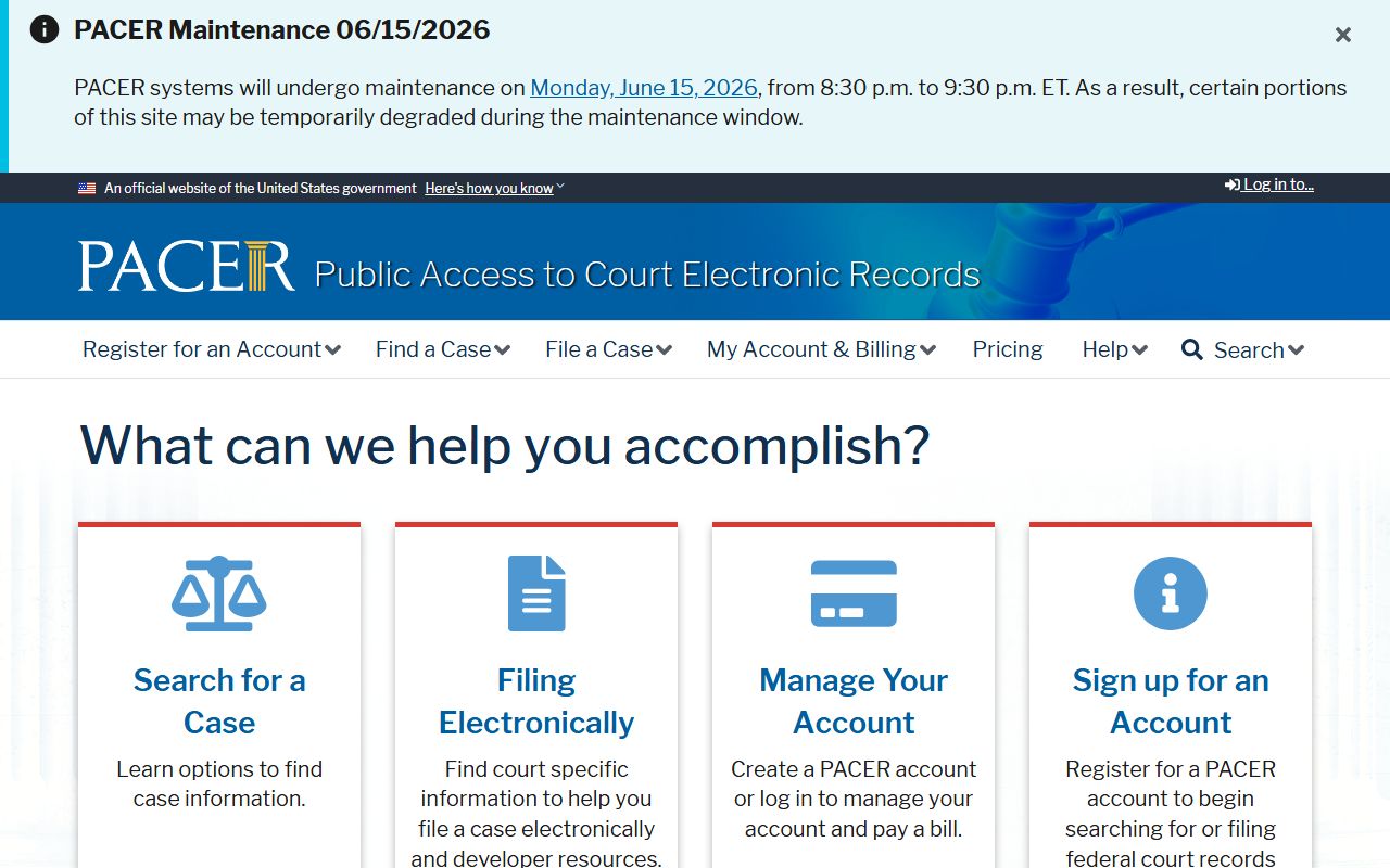 PACER federal court records portal for Bryan County cases