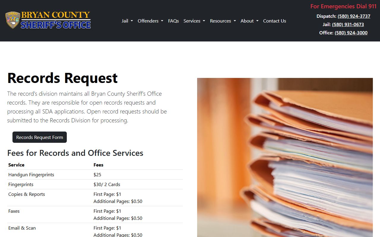 Bryan County arrest records request form on the Sheriff's Office website