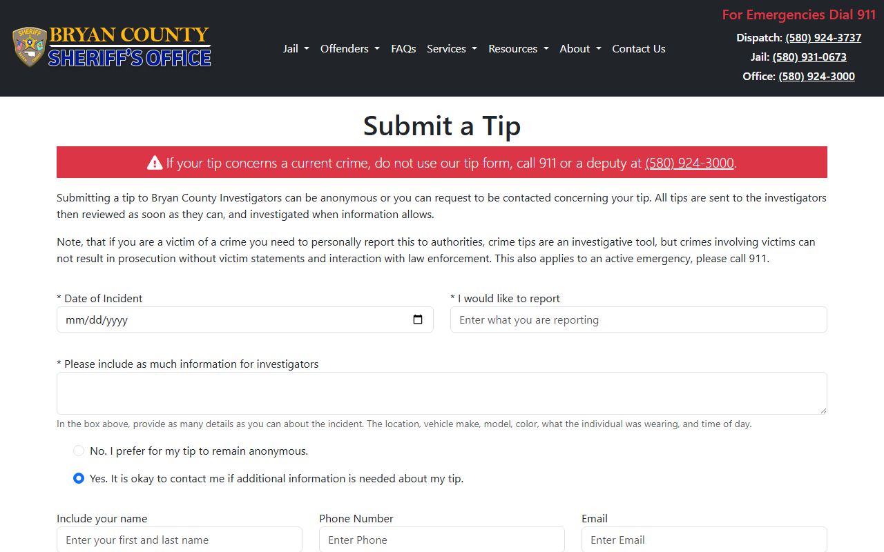 Bryan County crime-tip form used to report information that can lead to court charges