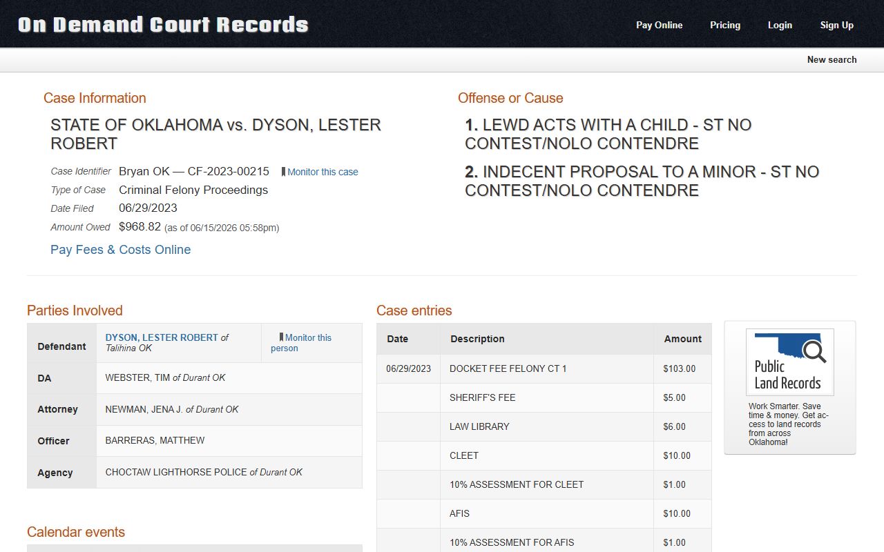 ODCR criminal case detail for Bryan County court dockets