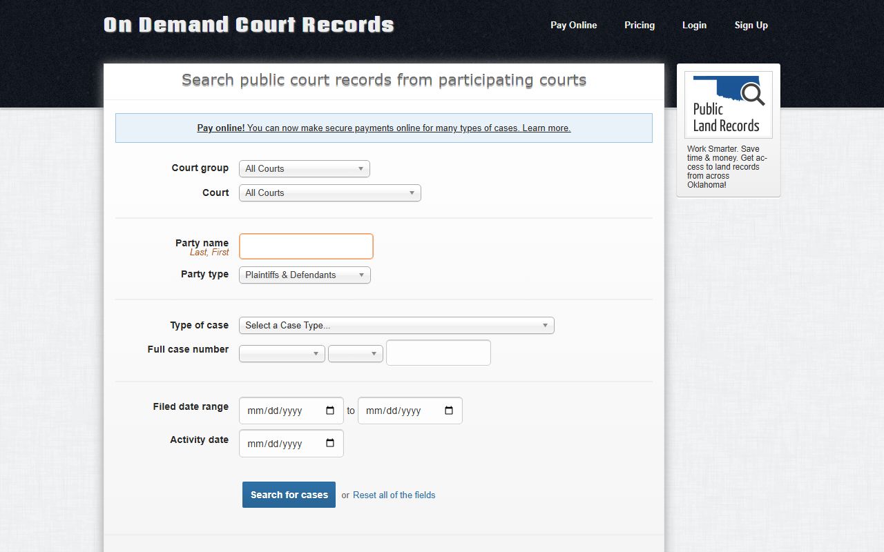 ODCR public search tool for Bryan County court records