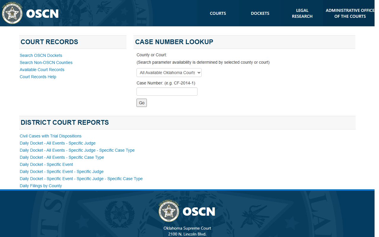 OSCN docket-search landing page for Oklahoma court records