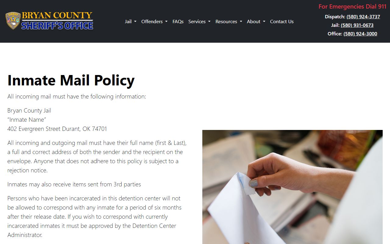 Bryan County Jail inmate mail rules page with address and prohibited content