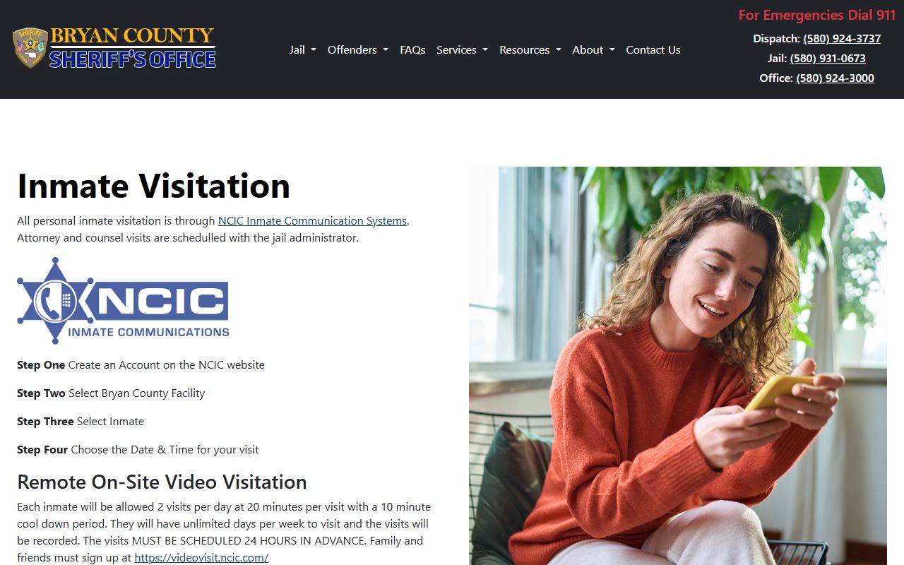 Bryan County Jail visitation rules page for inmate video and on-site visits