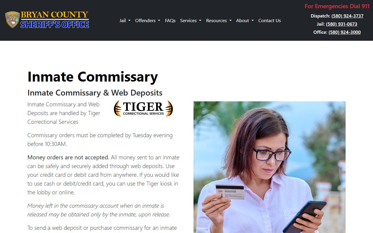 Bryan County Jail commissary information page for inmate deposits and orders