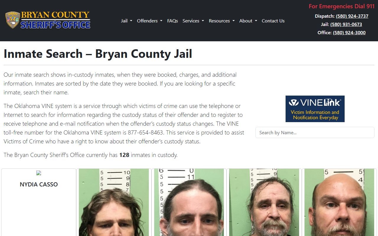 Bryan County inmate search page showing the jail roster and name lookup