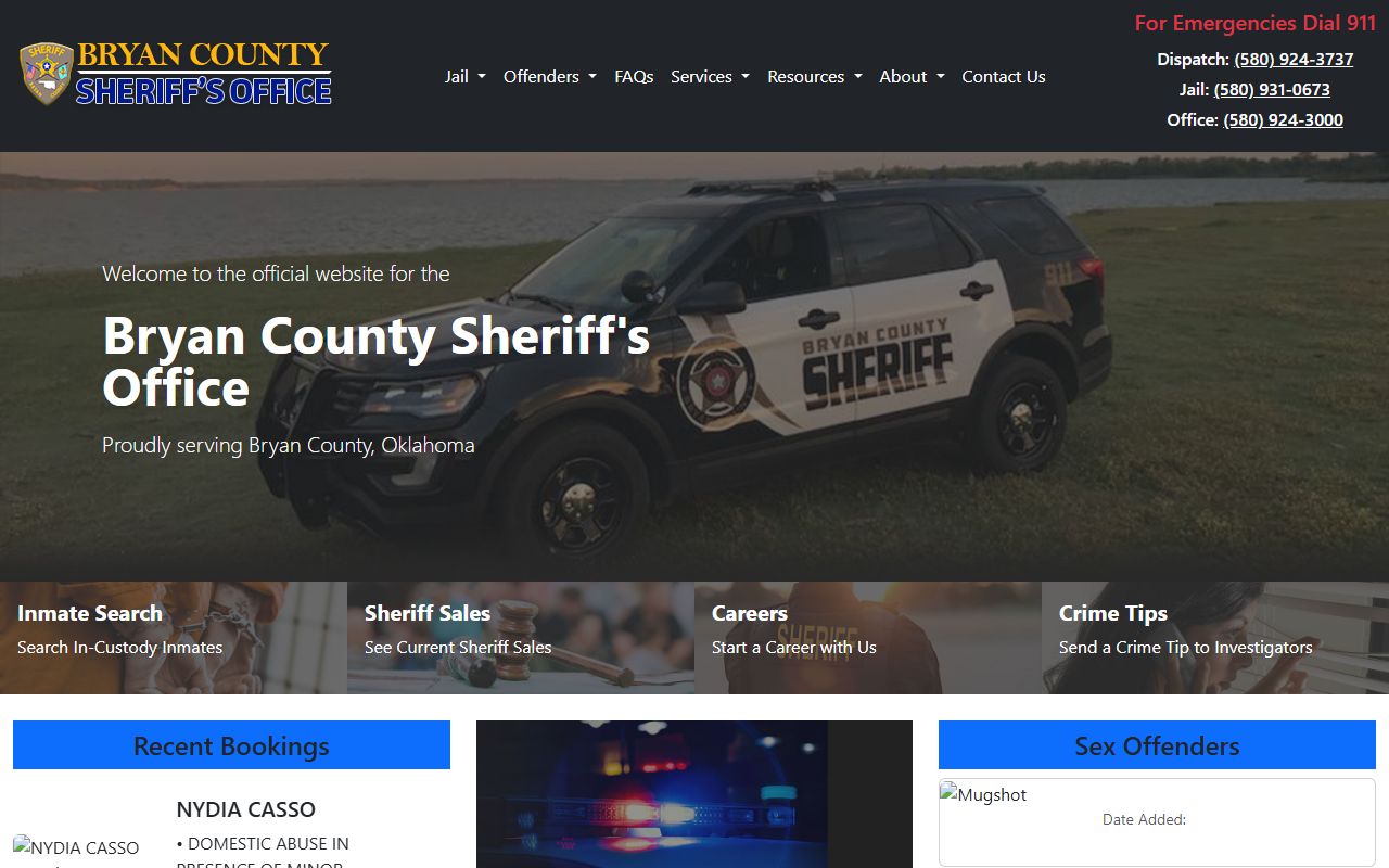Bryan County Sheriff's Office homepage with inmate and jail roster links