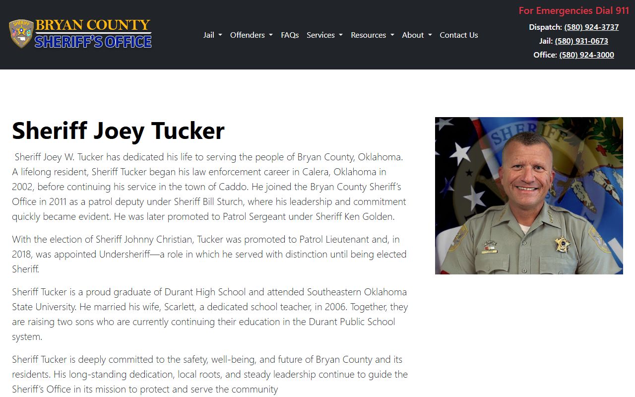 Bryan County Sheriff Joey Tucker biography page on the jail and sheriff website