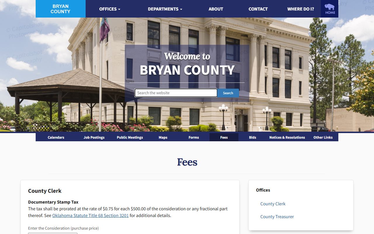 Bryan County fees page for marriage and divorce records copies