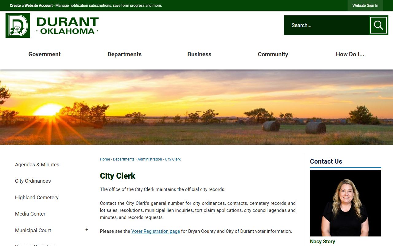 Durant City Clerk page for Bryan County marriage and divorce records context