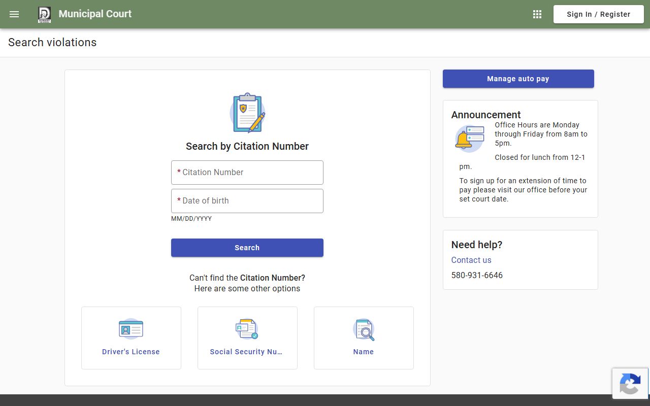 Durant citation search and payment portal for Bryan County traffic court records
