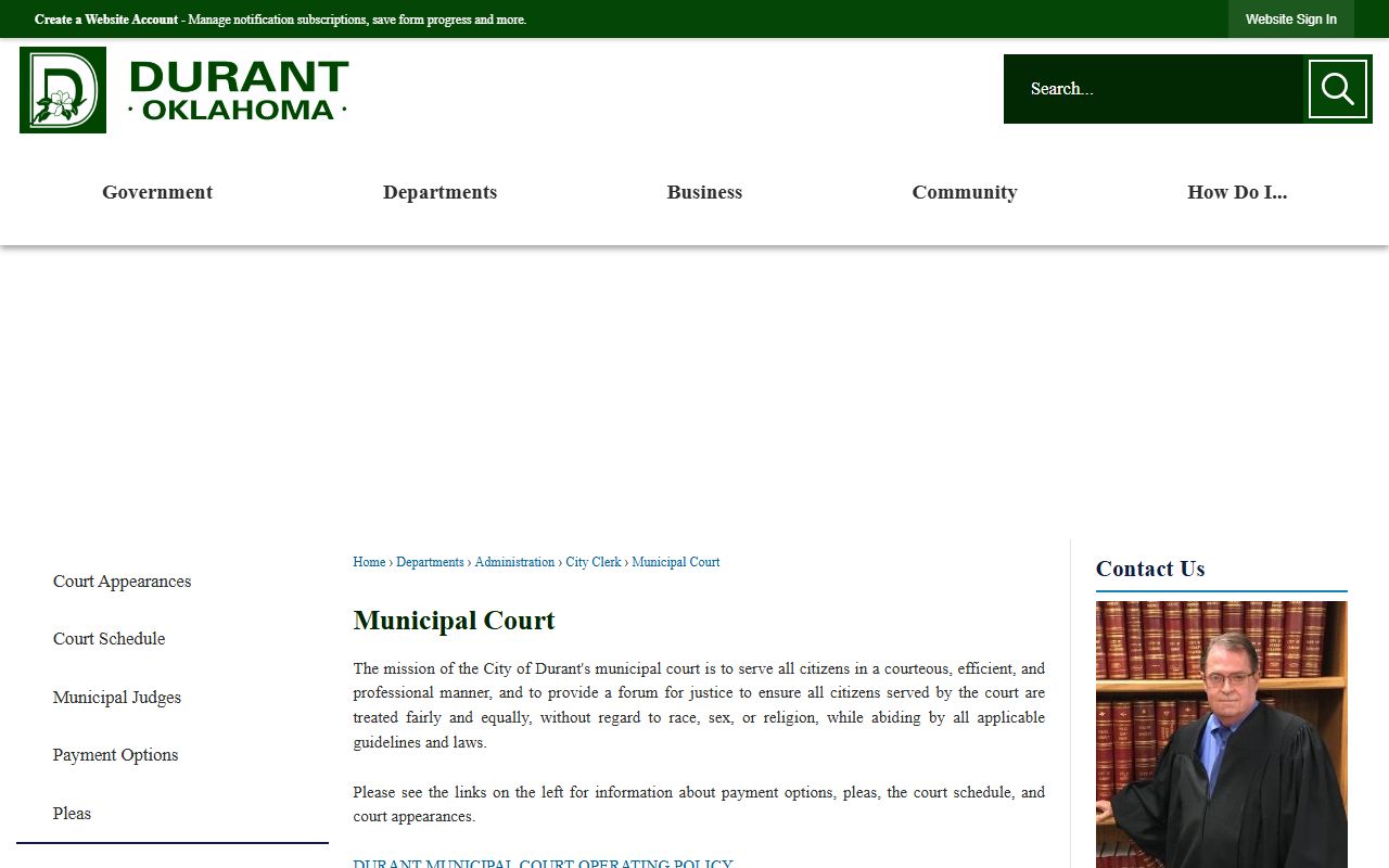 Durant Municipal Court page for Bryan County traffic court records