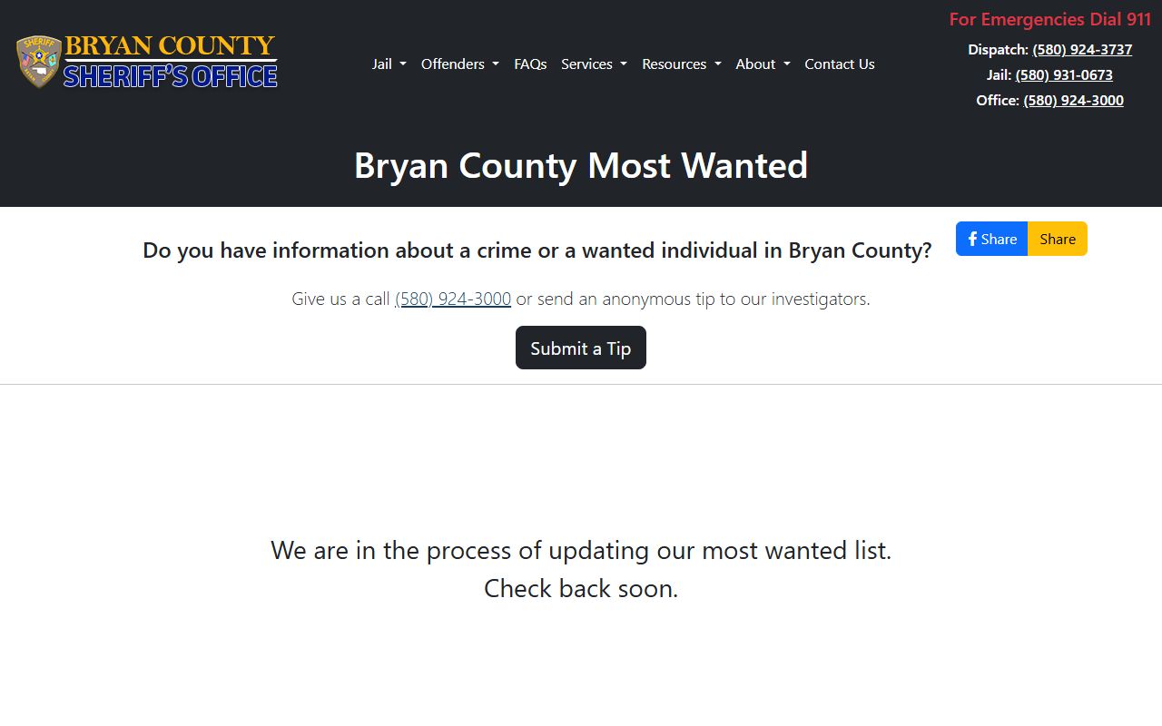 Bryan County warrant most wanted page on the Sheriff's Office website